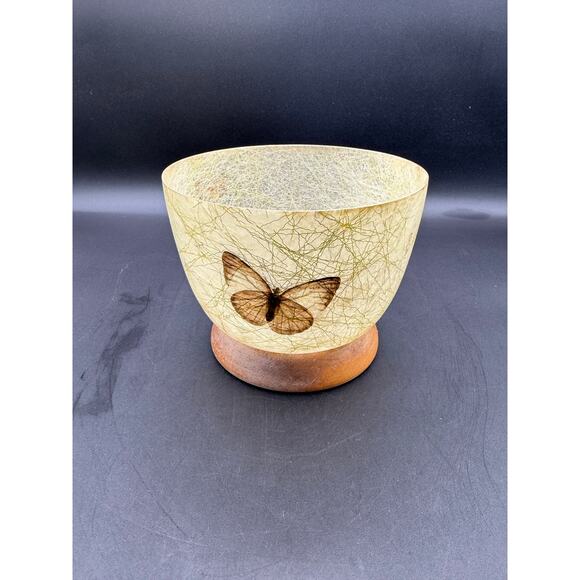 Vintage MCM BOHO Fiberglass Decorative Bowl on Wood Base wButterflies - Picture 2 of 8